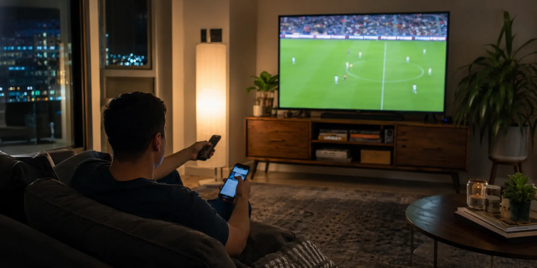 Espectador en un salón estadounidense busca otra señal de fútbol en español mientras mira el televisor