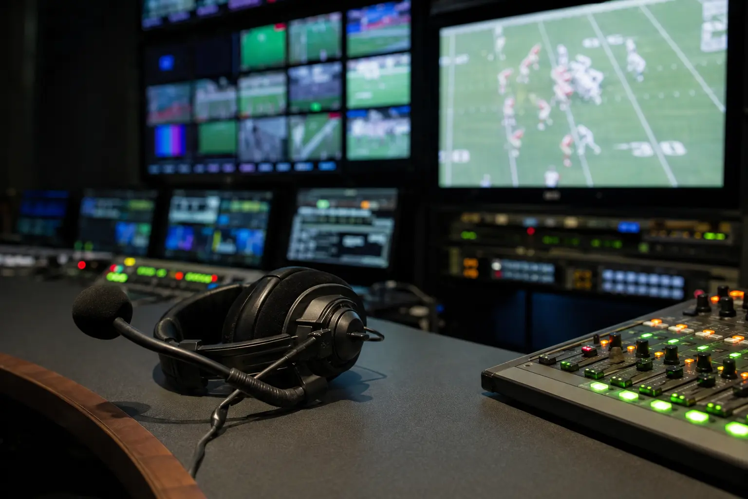 Cabina de producción deportiva con auriculares, consola y monitores de partidos desenfocados