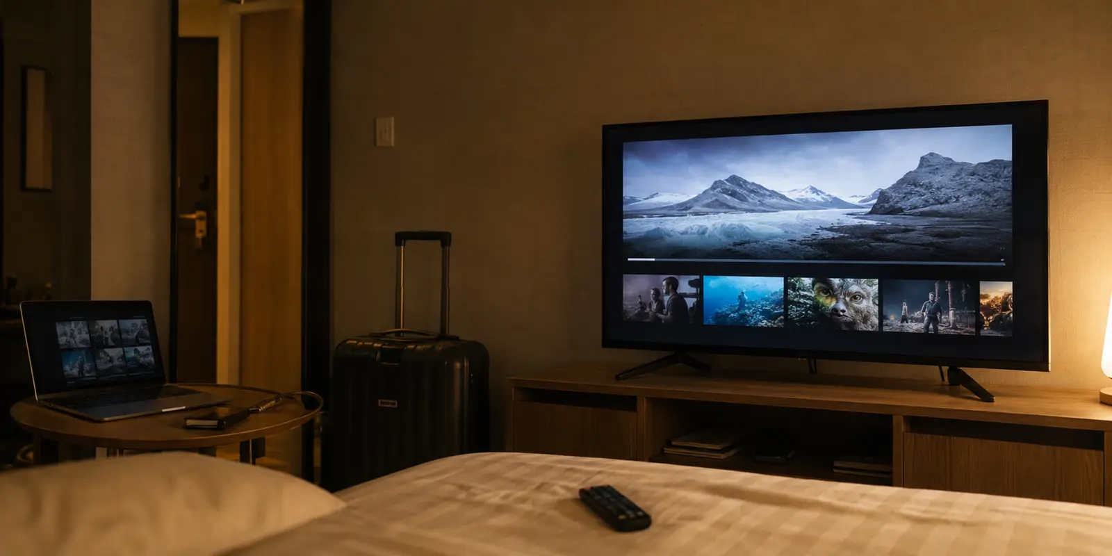 Televisor con catálogo de streaming reducido en una habitación de hotel