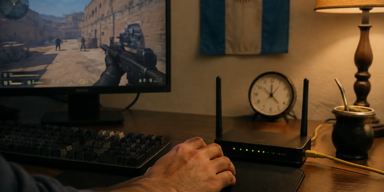 Partida de videojuego en un escritorio argentino con conexión inestable