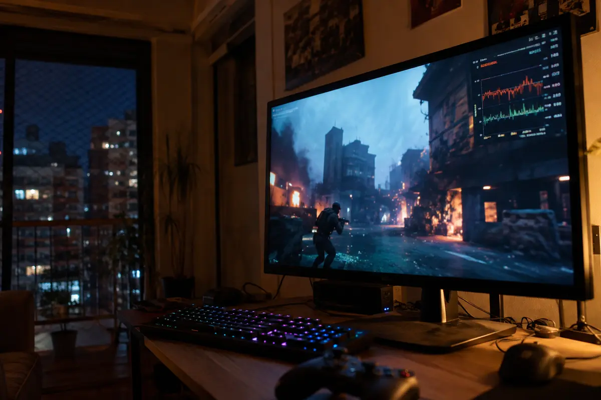 Jugador junto al teclado durante una partida estable con router y cable Ethernet