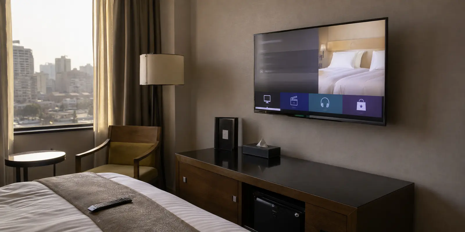 Televisor inteligente de una habitación de hotel en El Cairo con una pantalla de bienvenida y aplicaciones limitadas