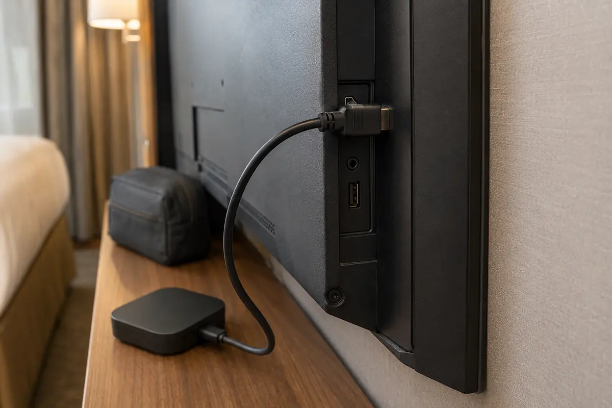 Reproductor de streaming conectado al puerto HDMI lateral de un televisor de hotel