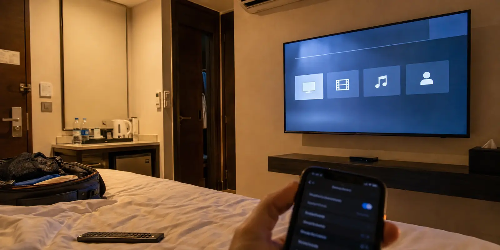 Una Smart TV de hotel con pocas aplicaciones disponibles mientras el teléfono no consigue encontrarla para enviar vídeo