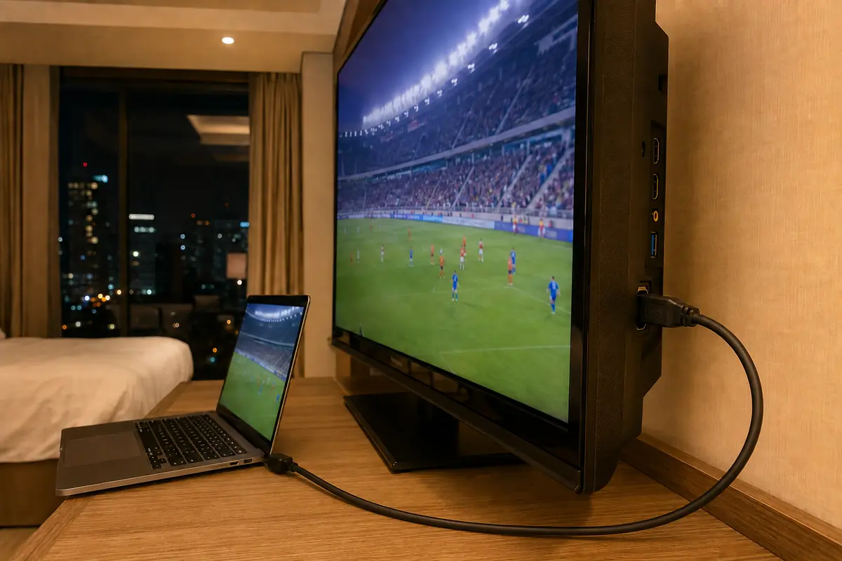 Un portátil conectado por un único cable HDMI a la televisión de una habitación de hotel, con un partido en pantalla