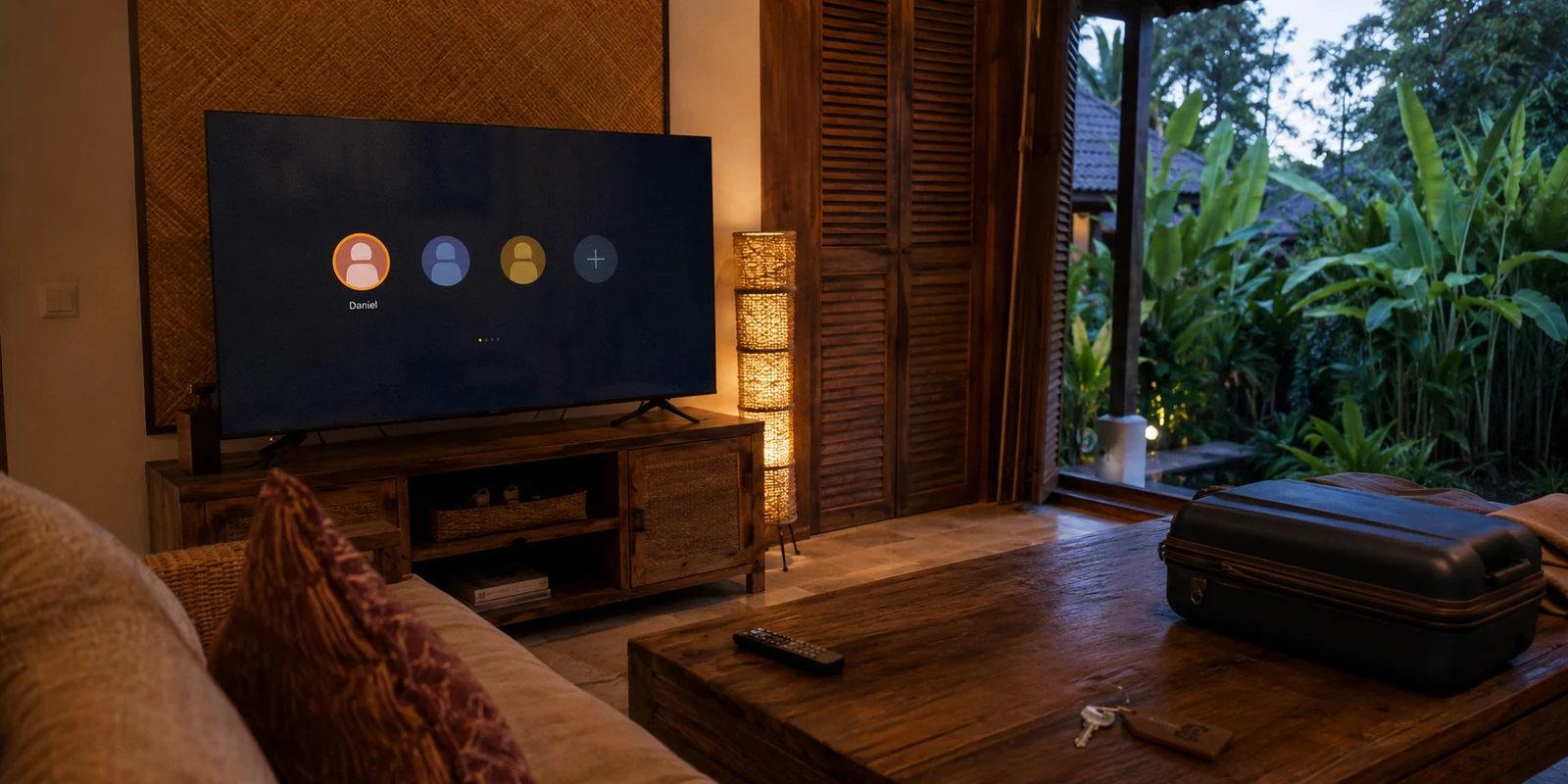 Smart TV de una villa en Bali con el perfil de un huésped anterior aún visible