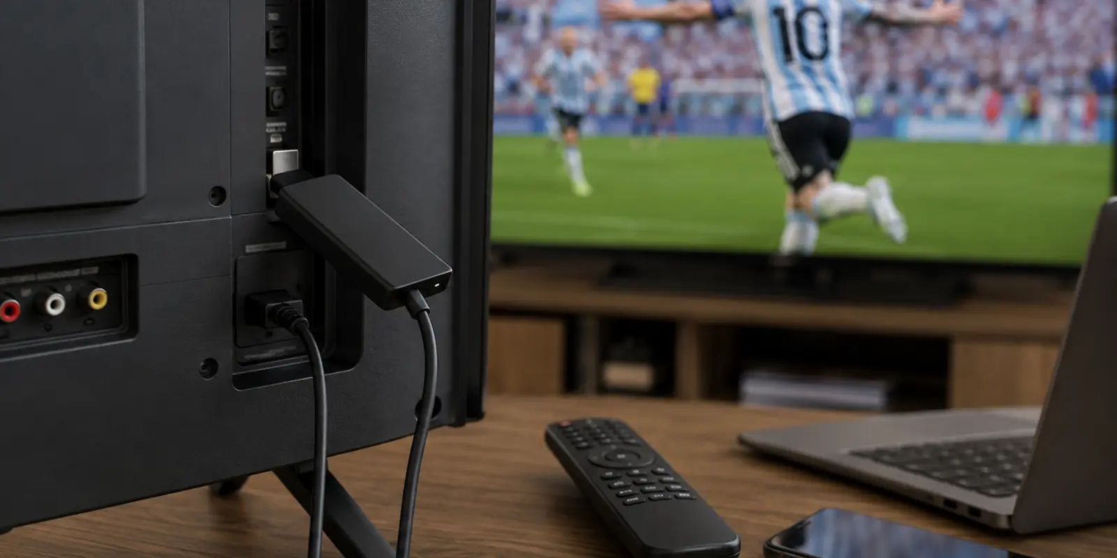 Smart TV sin reproducción mientras un teléfono muestra contenido argentino