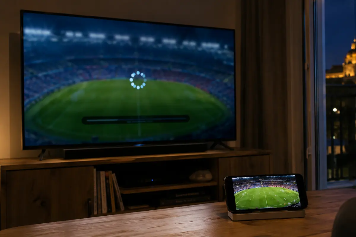 Dispositivo HDMI conectado al televisor para reproducir un partido argentino