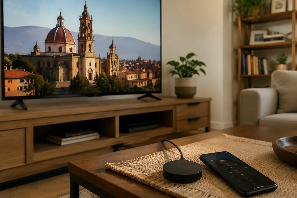 Dispositivo de streaming conectado por HDMI con programa mexicano en pantalla