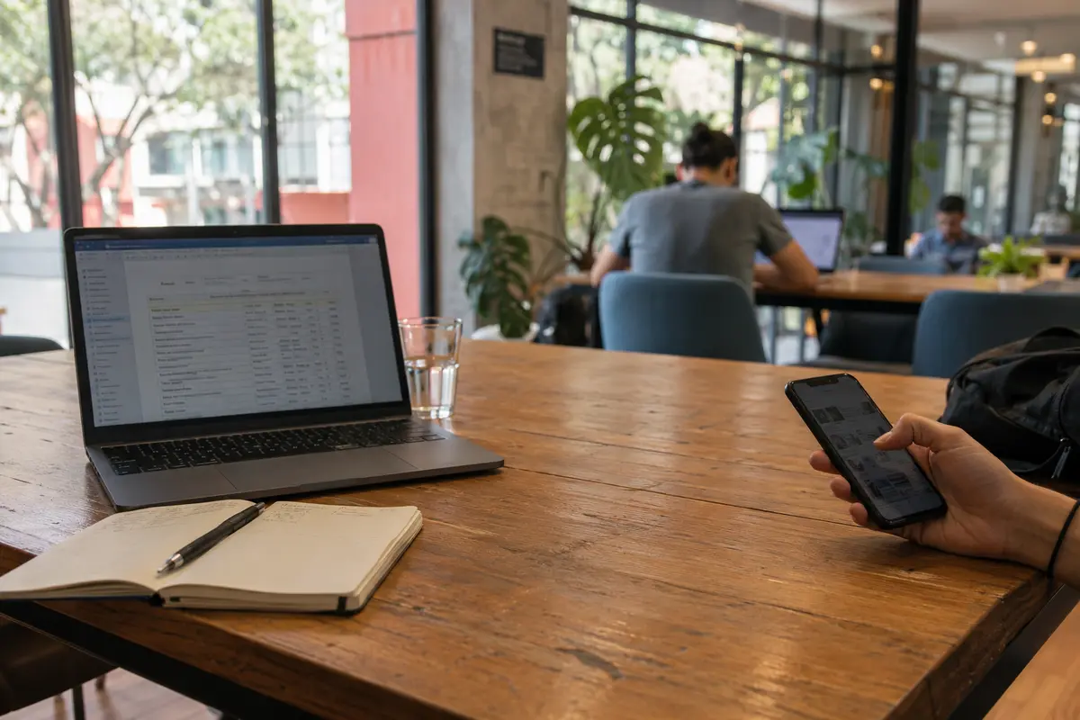 El portátil de trabajo y el teléfono personal funcionan por separado sobre la misma mesa del coworking
