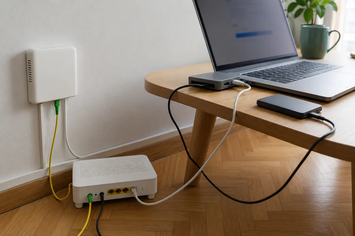 Cadena física entre la entrada de fibra, el router, el portátil y el disco externo durante una subida
