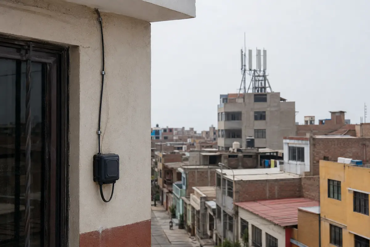 Cable de fibra en una fachada residencial de Lima con antenas móviles en una azotea cercana