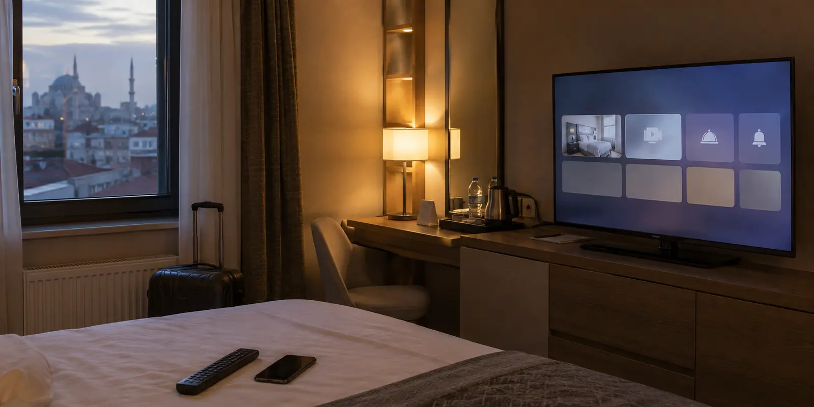 Una Smart TV con el menú del hotel en una habitación de Estambul al anochecer.