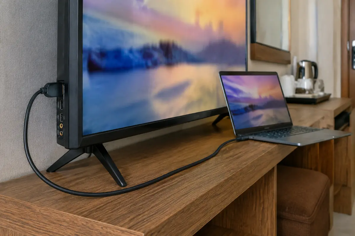 Un portátil conectado por HDMI a la televisión de una habitación de hotel.
