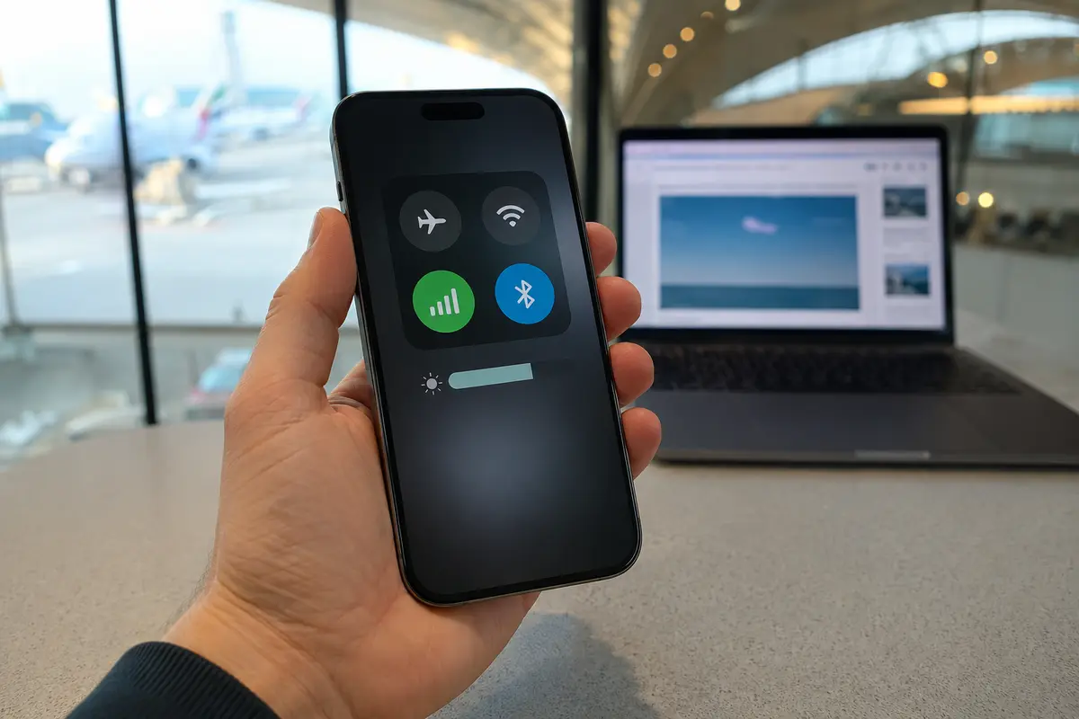 Teléfono con el Wi-Fi apagado y los datos móviles activos durante una prueba de conexión en el aeropuerto