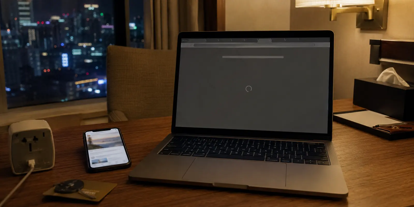 Un iPhone con conexión activa junto a un Mac que sigue cargando en el Wi-Fi de un hotel en China.