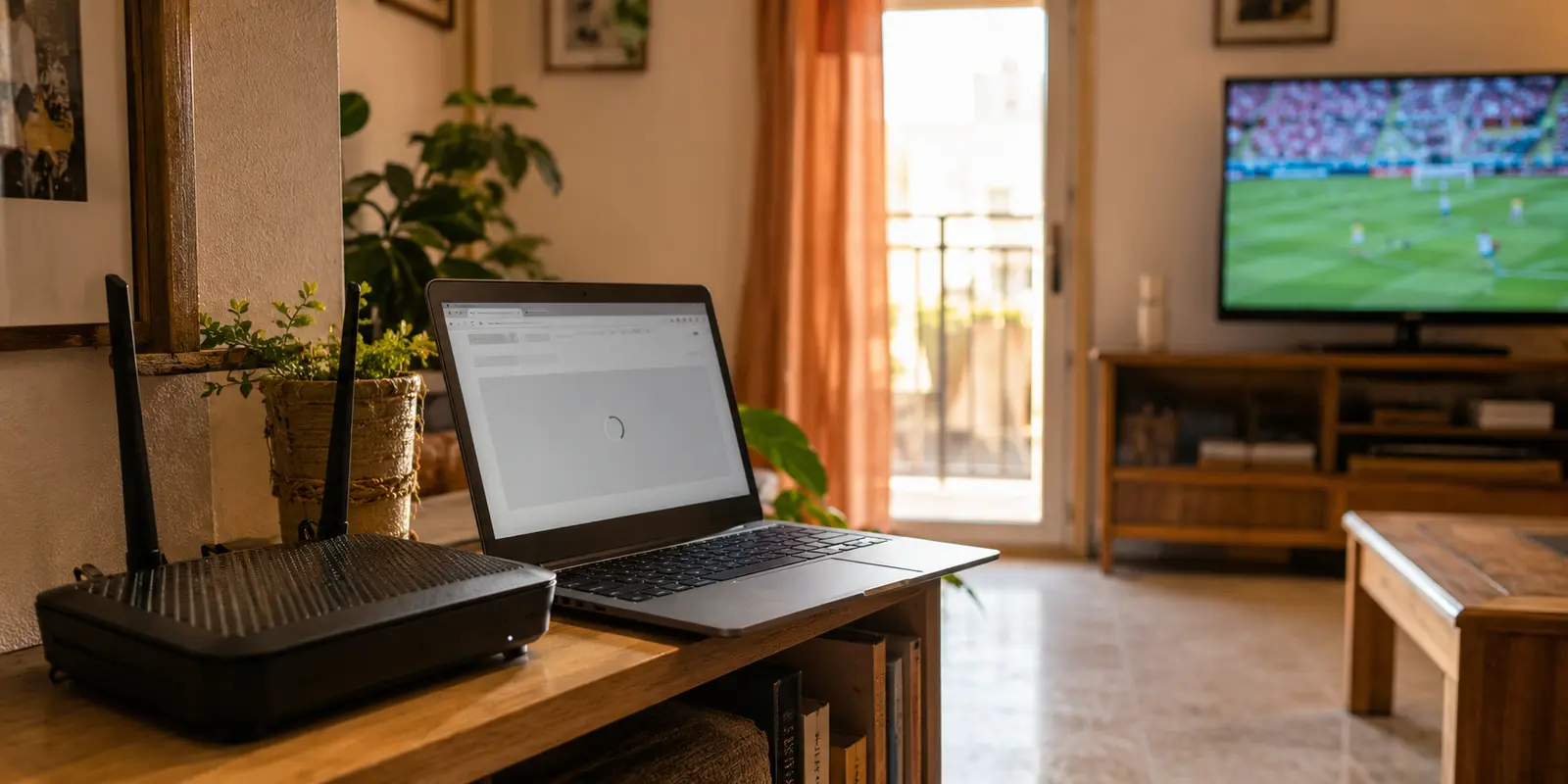 Router doméstico y portátil con una página que no termina de cargar en un salón español
