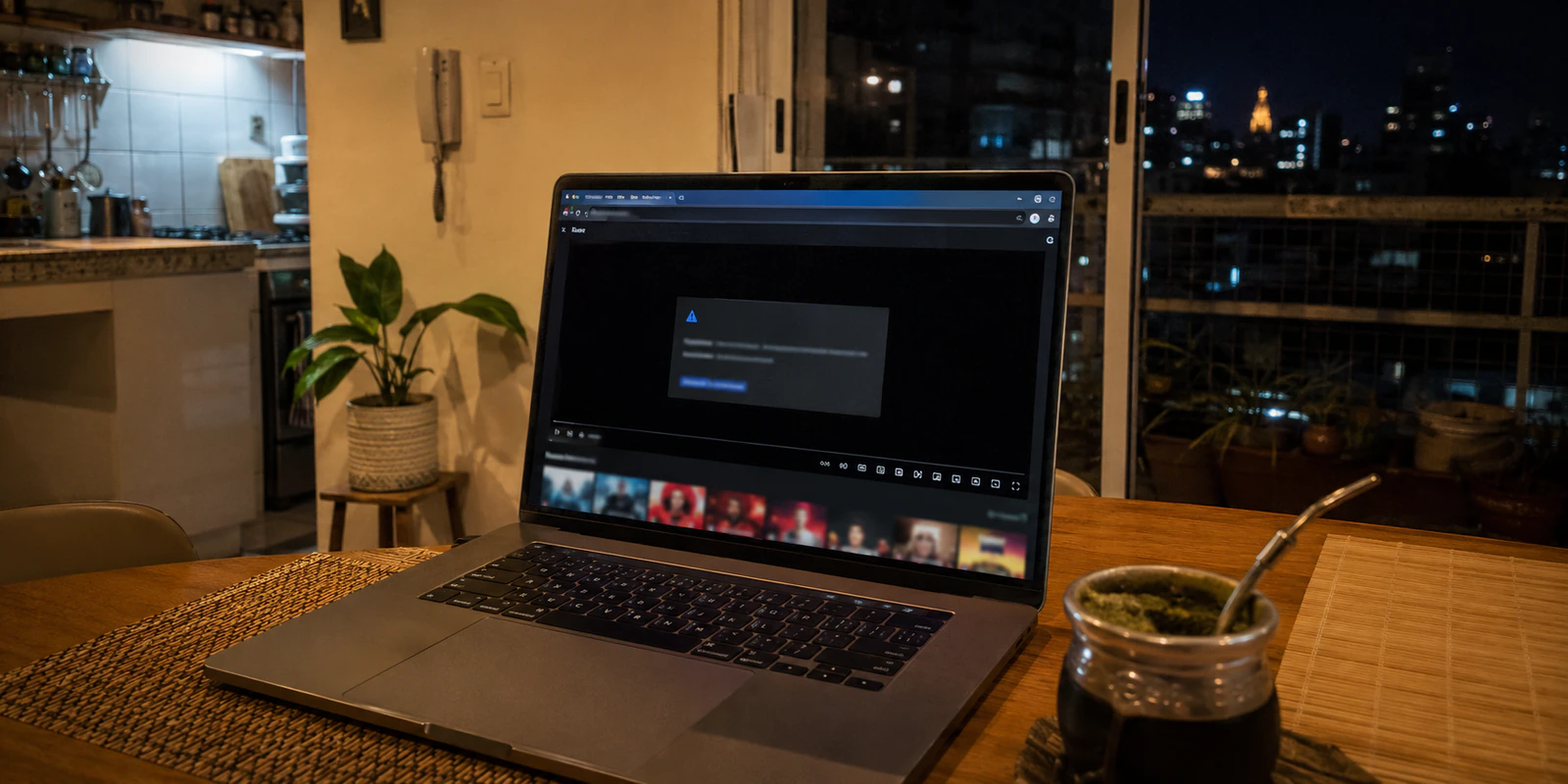 Un portátil en un apartamento de Buenos Aires muestra un reproductor de streaming detenido por un error de conexión VPN