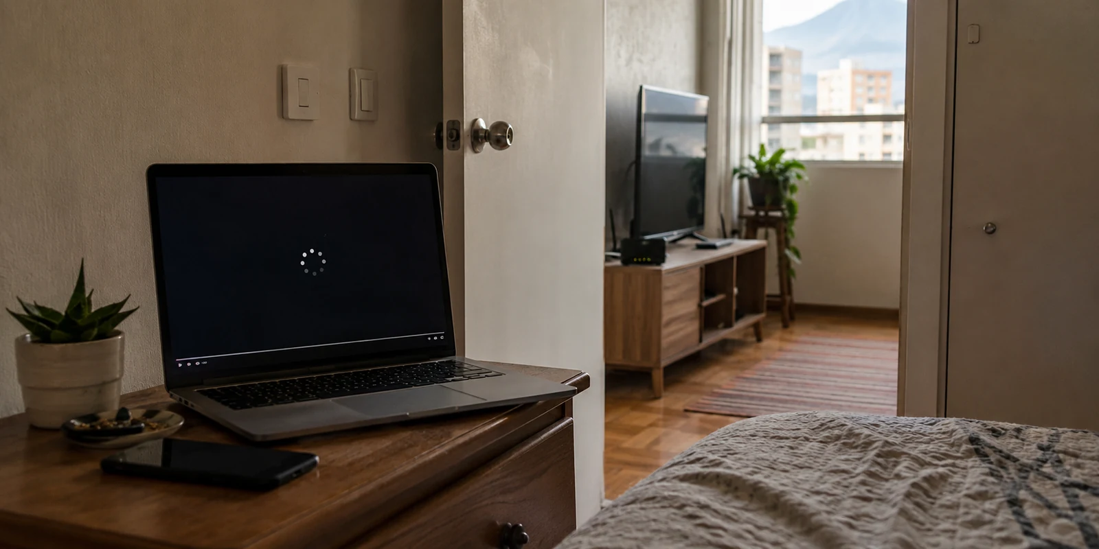 Película congelada en un portátil alejado del router dentro de un departamento de Santiago
