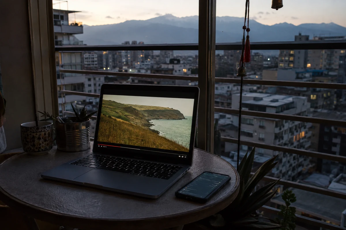 Portátil reproduciendo una película junto a un teléfono usado como hotspot en un balcón de Santiago