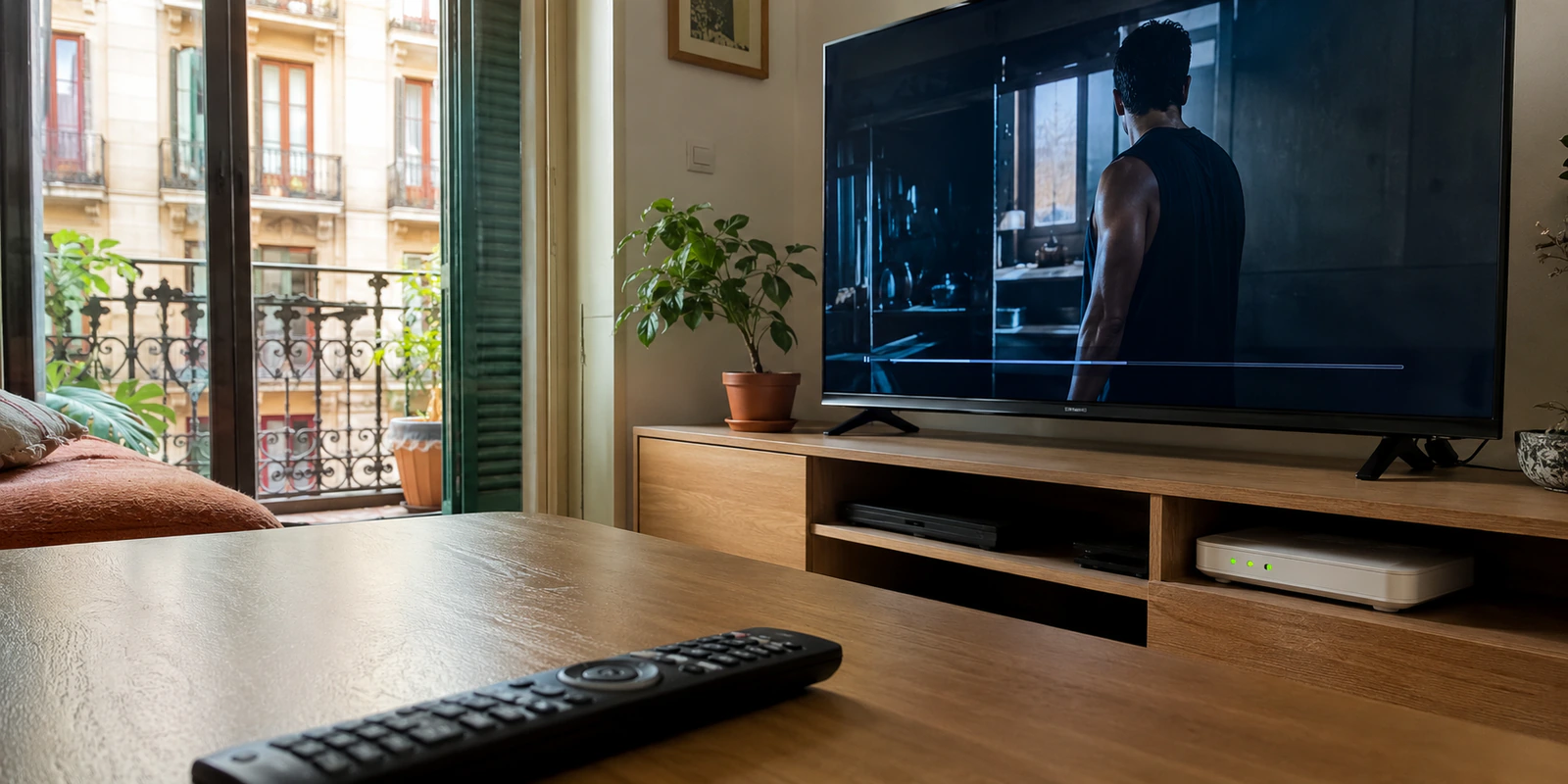 Una serie queda congelada en el televisor mientras el router mantiene sus luces normales en un salón español