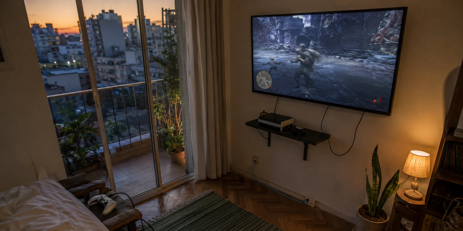 Una partida online se congela en una consola conectada por cable dentro de un apartamento argentino