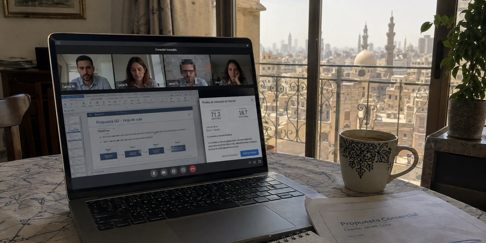 Videollamada con Madrid entrecortada en un portátil de un apartamento de El Cairo