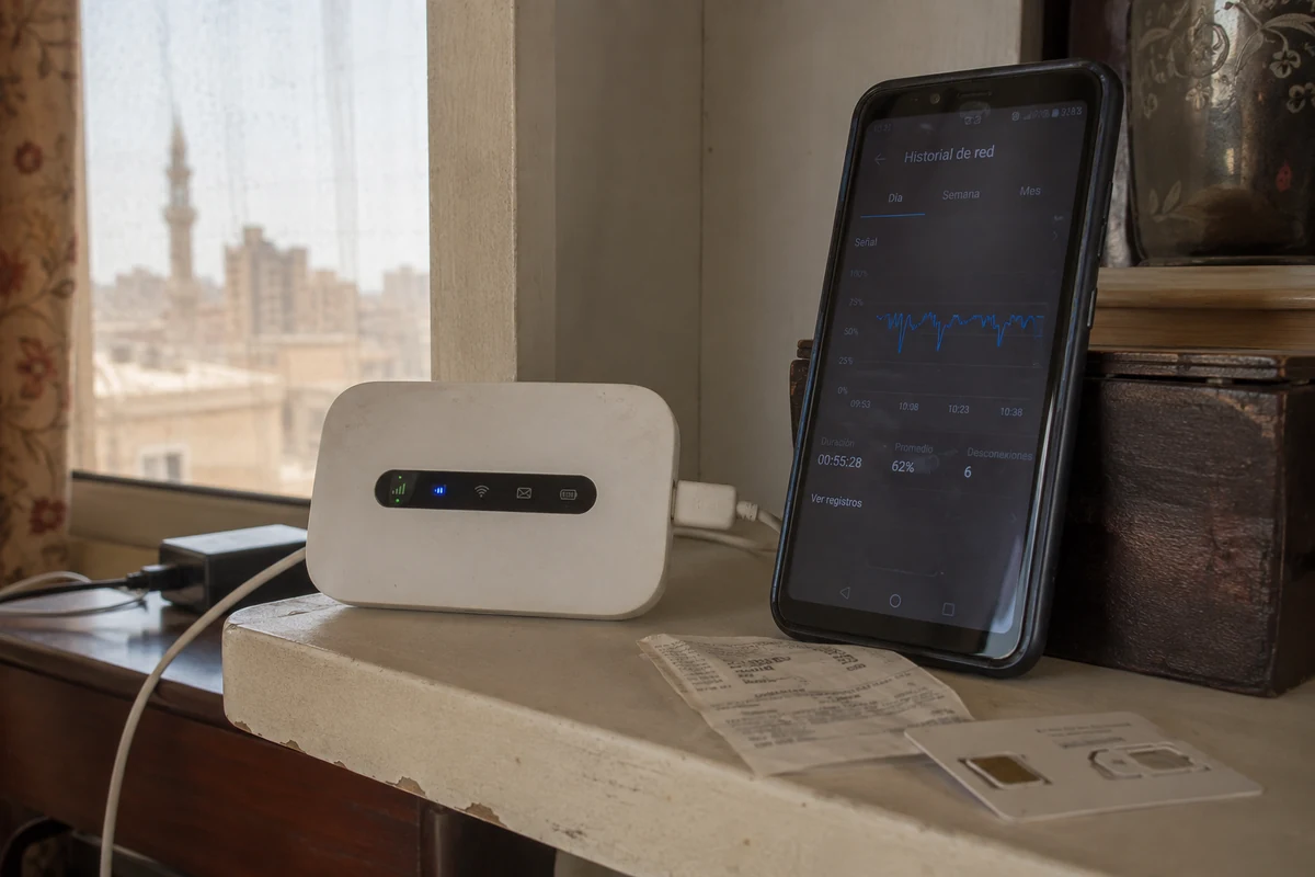 Router móvil y teléfono mostrando caídas breves de la conexión en El Cairo