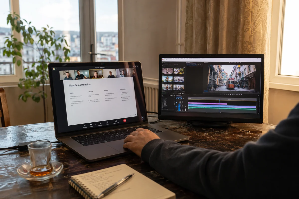 Reunión y previsualización de vídeo funcionando a la vez desde el apartamento de Estambul