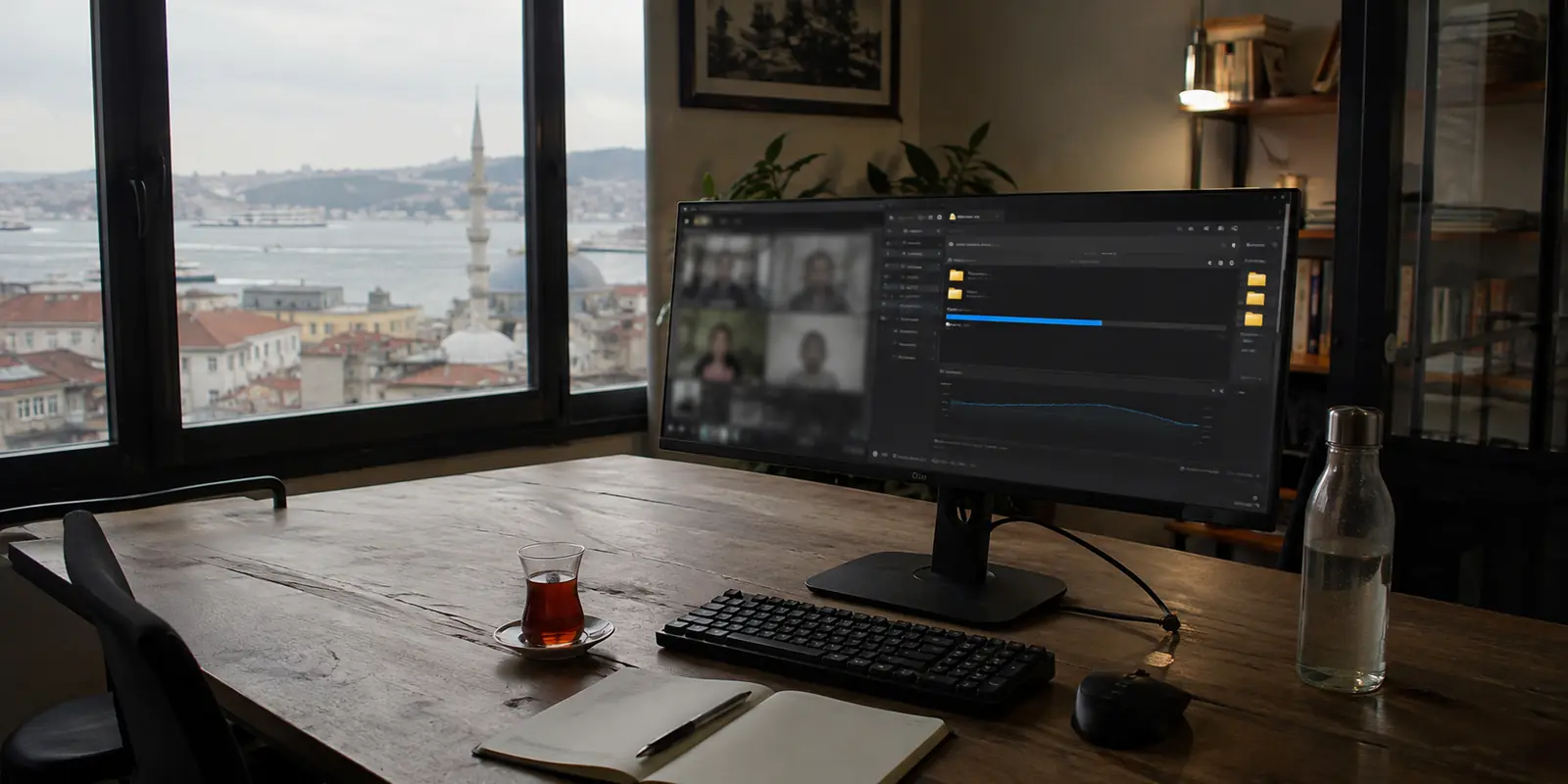 Puesto de trabajo en Estambul con una videollamada y una transferencia larga activas en un monitor