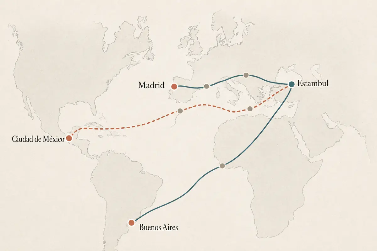 Mapa de rutas de red entre Estambul, Madrid, Ciudad de México y Buenos Aires