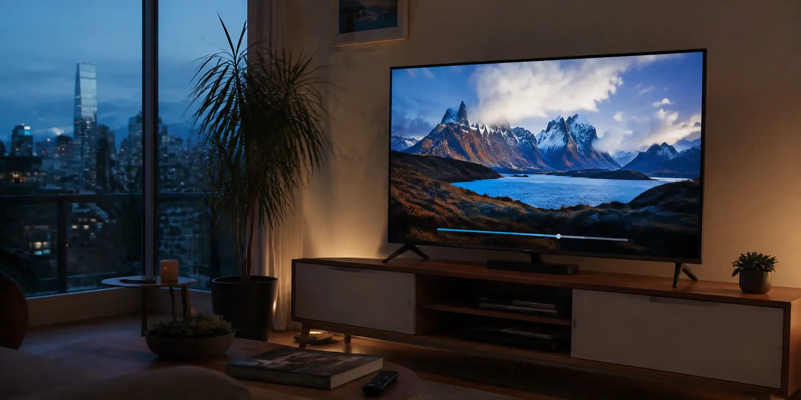 Televisor en un salón de Santiago durante una reproducción 4K inestable con VPN