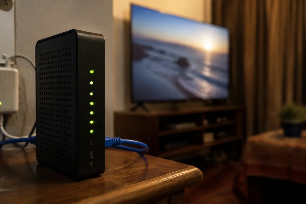 Módem de fibra con luces estables junto a un televisor desenfocado