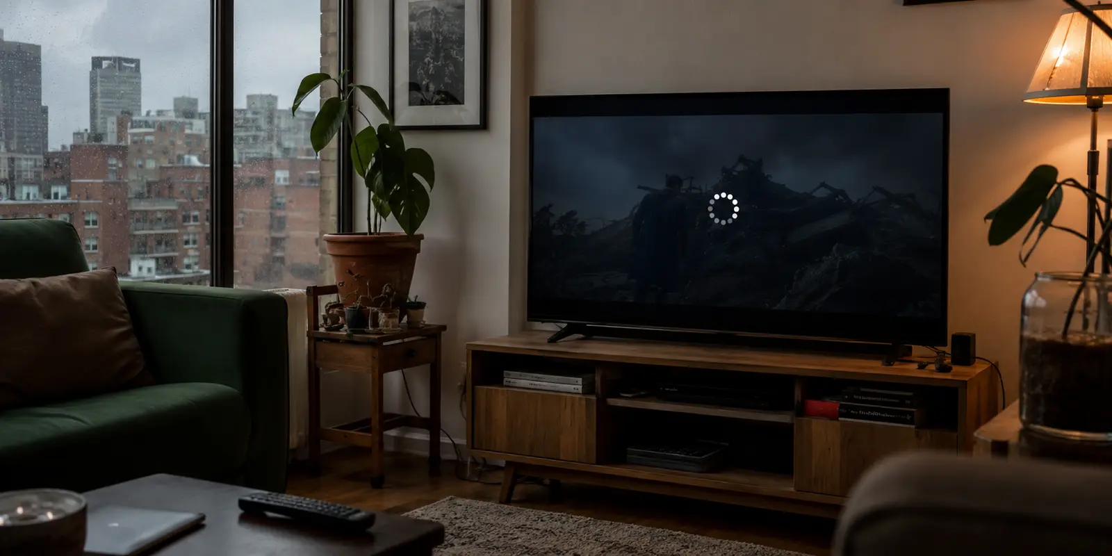 Televisor en un apartamento de Bogotá mostrando una reproducción 4K que se queda cargando