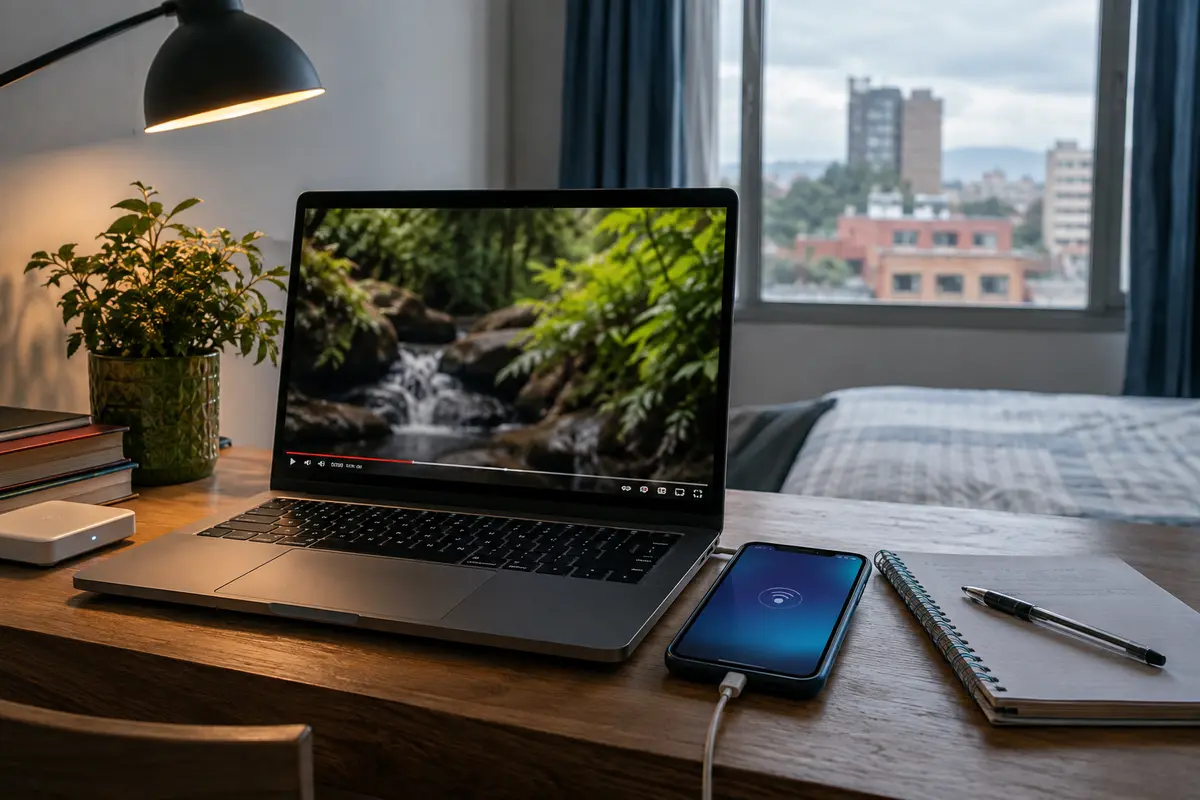 Portátil y teléfono preparados para cambiar de Wi-Fi a hotspot móvil en Bogotá