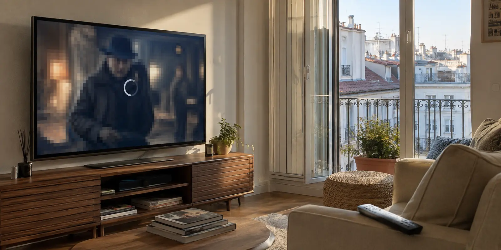 Salón de un piso madrileño con un televisor que pierde calidad durante una película 4K