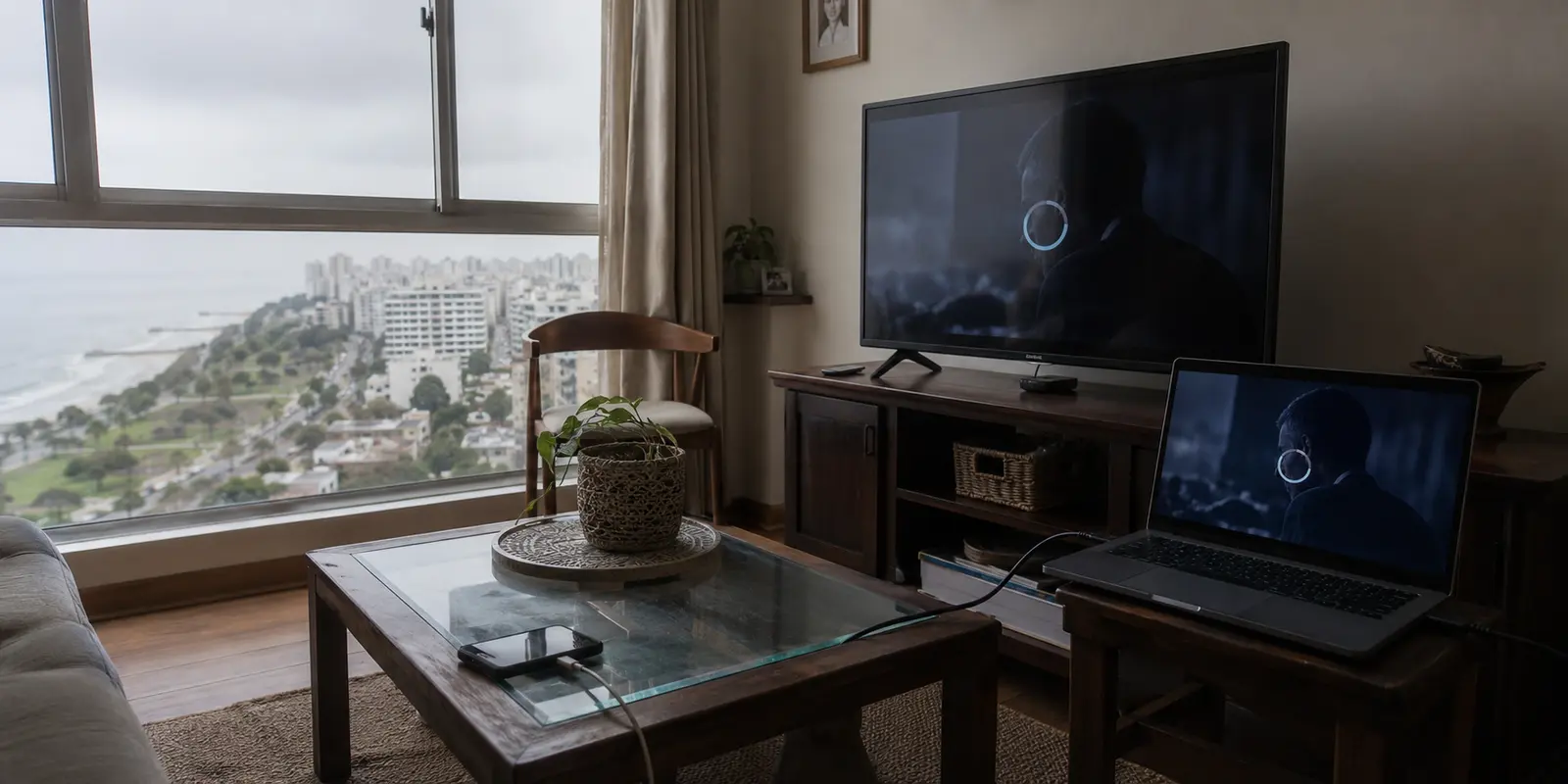 Televisor en un apartamento de Lima con una reproducción 4K interrumpida y un portátil conectado por HDMI