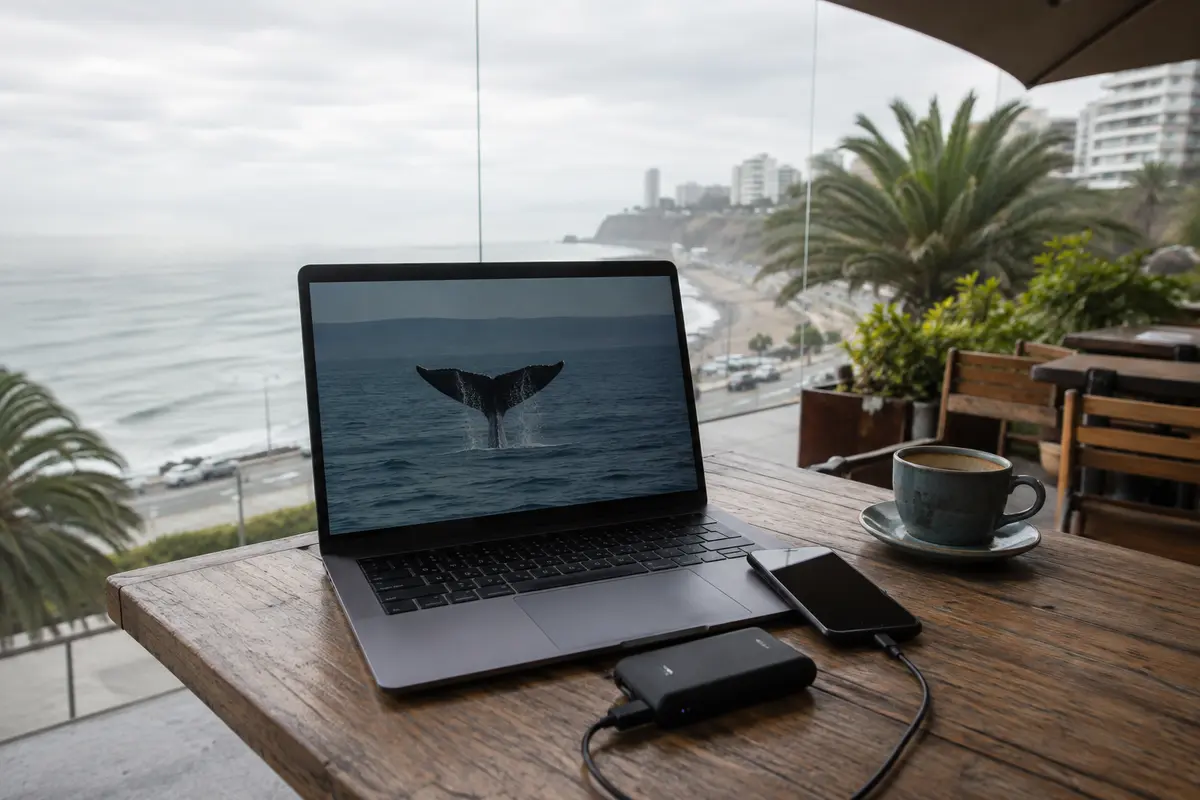 Mesa de café en Lima con portátil, teléfono y cargador preparados para cambiar de fibra a hotspot