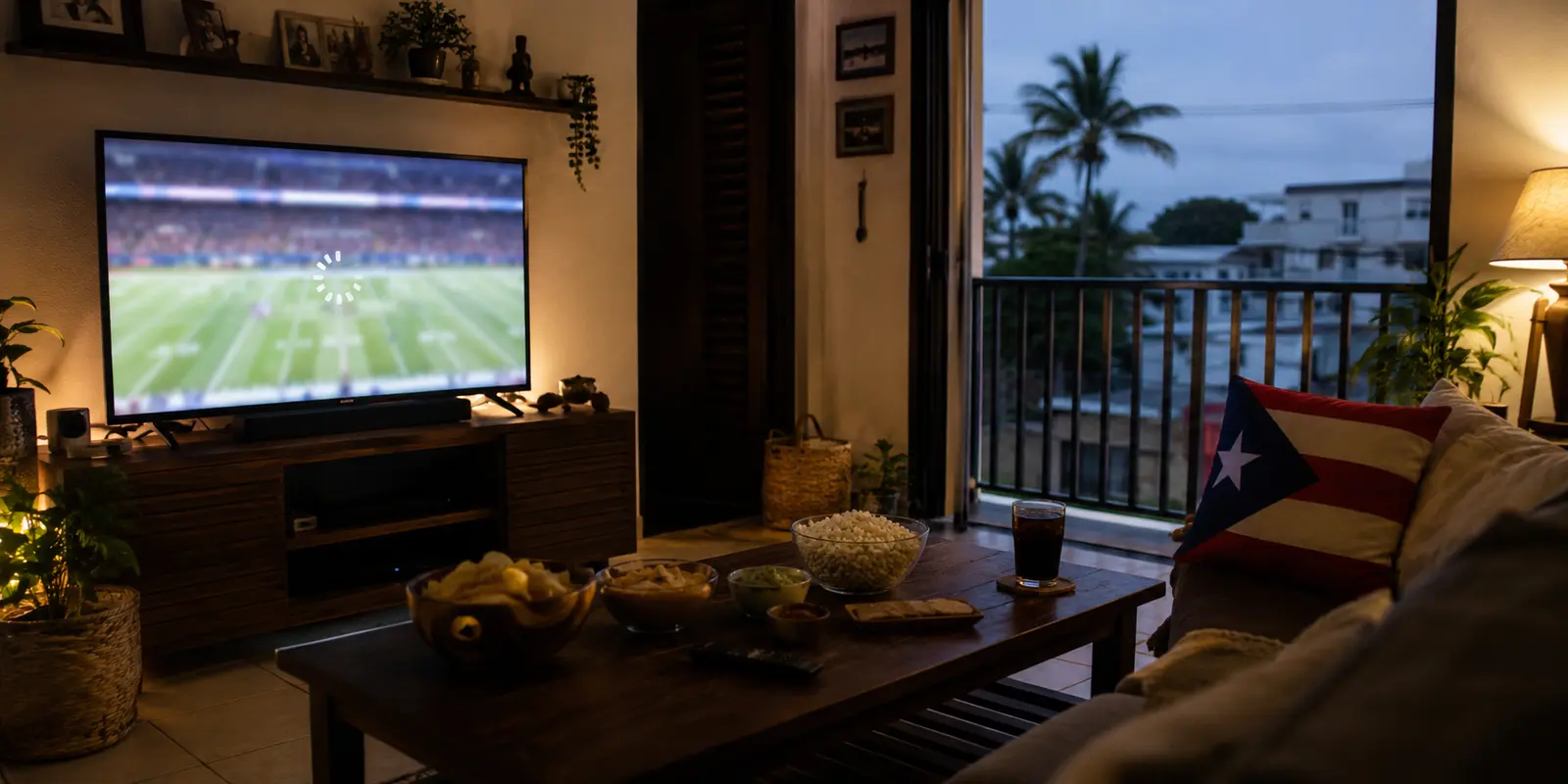 Televisor con reproducción 4K interrumpida en una sala nocturna del Caribe