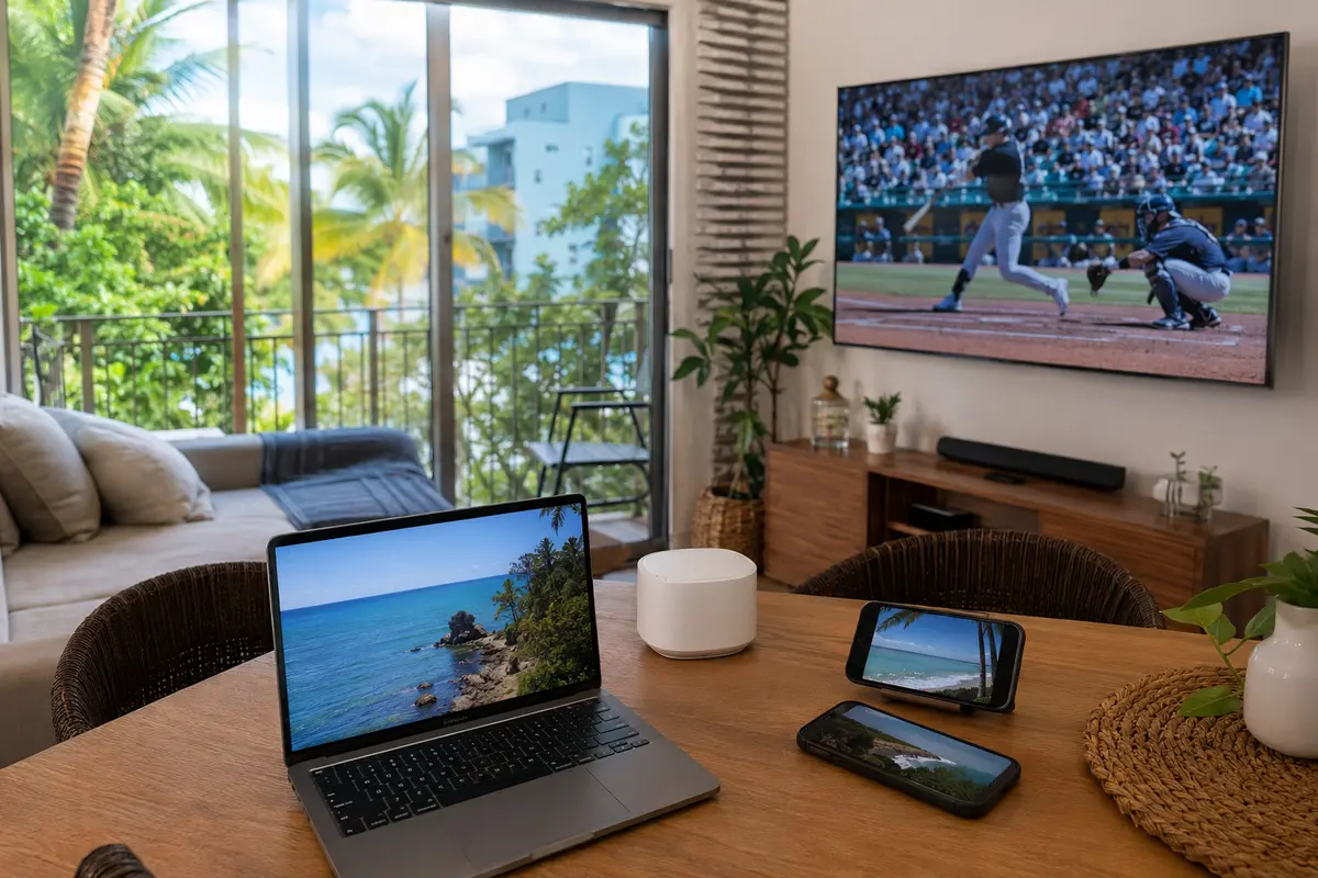 Sala tropical con televisor, portátil, teléfonos y router durante una reproducción estable