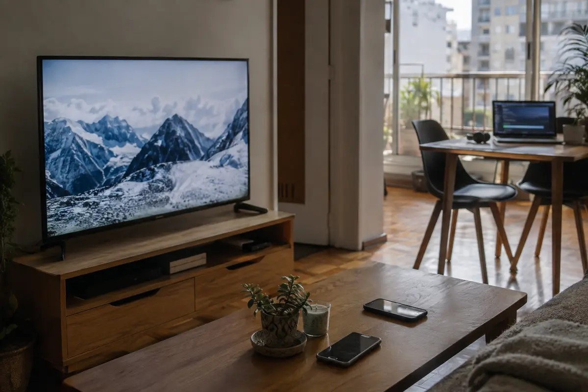 Sala luminosa de Buenos Aires con televisor y varios dispositivos conectados