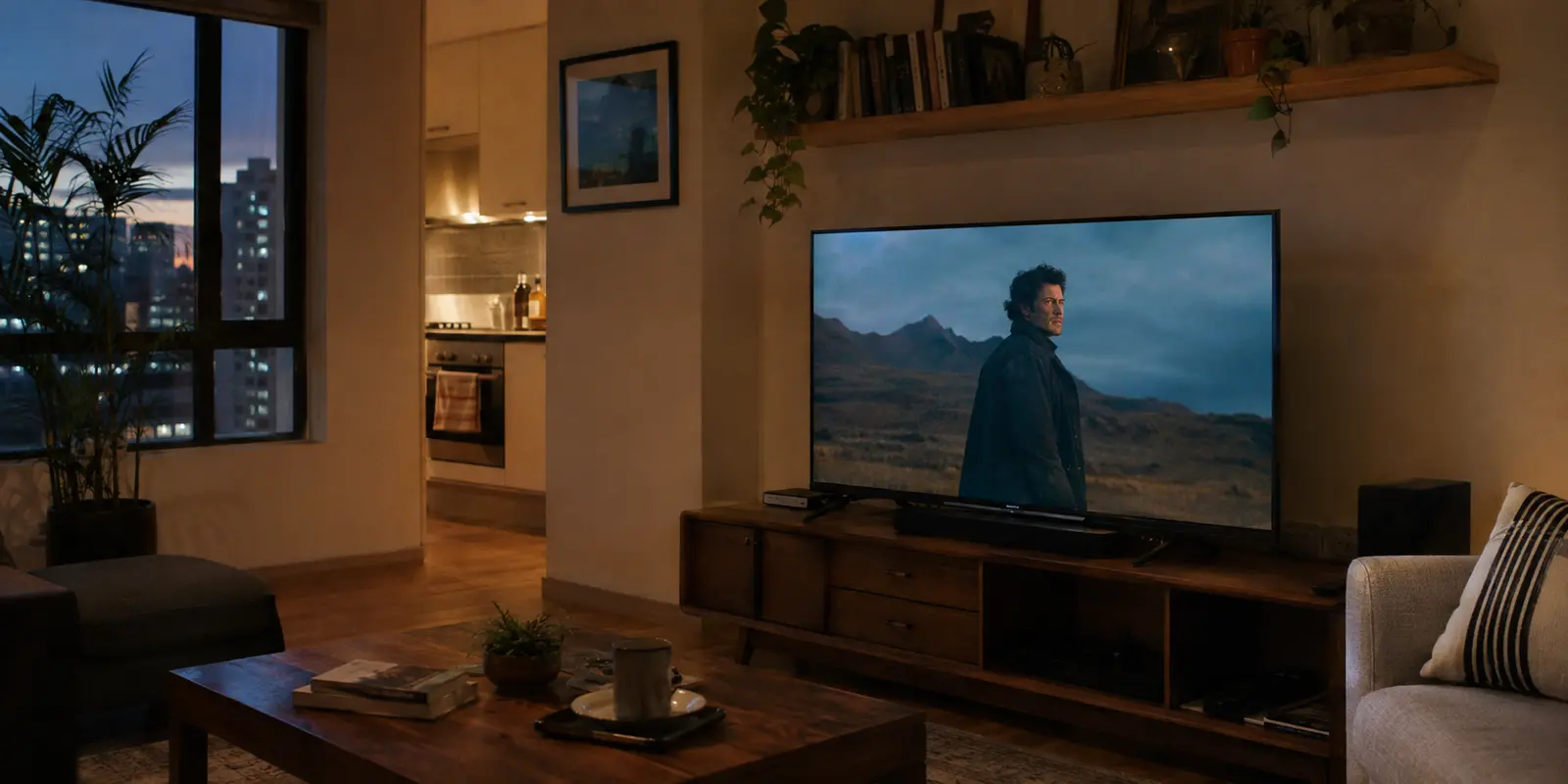 Salón de un apartamento en Ciudad de México con una película en 4K reproduciéndose en el televisor