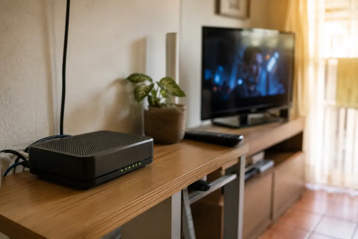 Módem de fibra con luces estables y un televisor reproduciendo una película al fondo