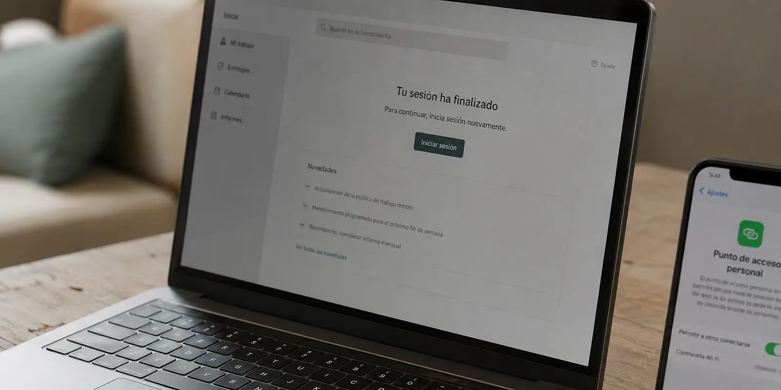 Portátil con una sesión de trabajo finalizada tras pasar del Wi-Fi al punto de acceso del teléfono