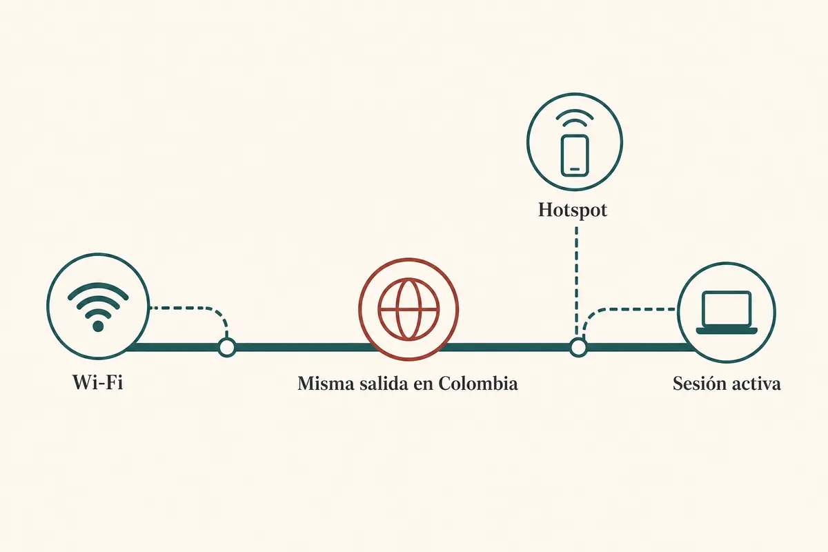 Diagrama del cambio de Wi-Fi a hotspot manteniendo la misma salida en Colombia y la sesión activa