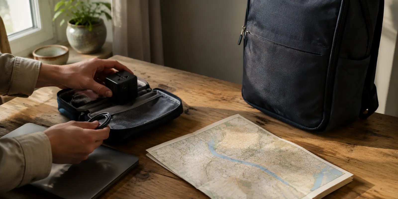 Preparativos para un viaje corto a El Cairo con un mapa, un adaptador y una mochila cerrada.