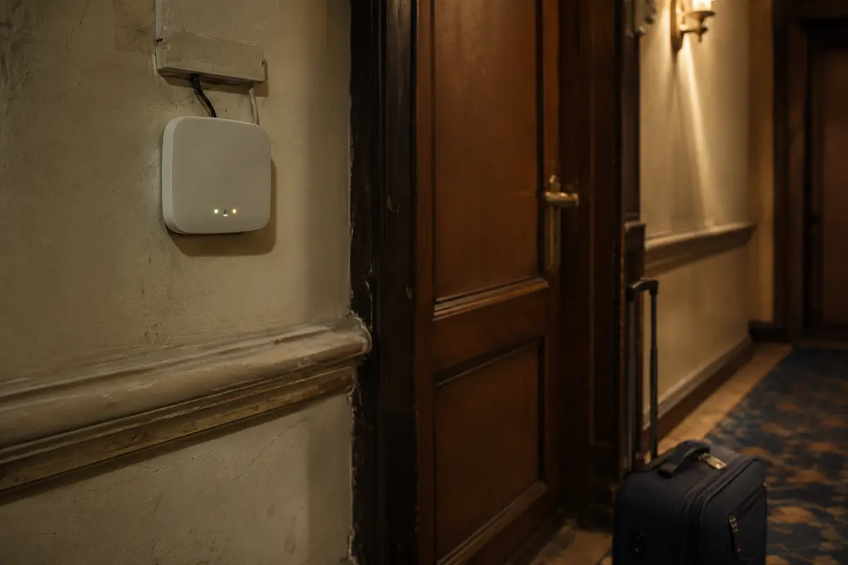 Punto de acceso Wi-Fi instalado junto a la puerta de una habitación de hotel en El Cairo.