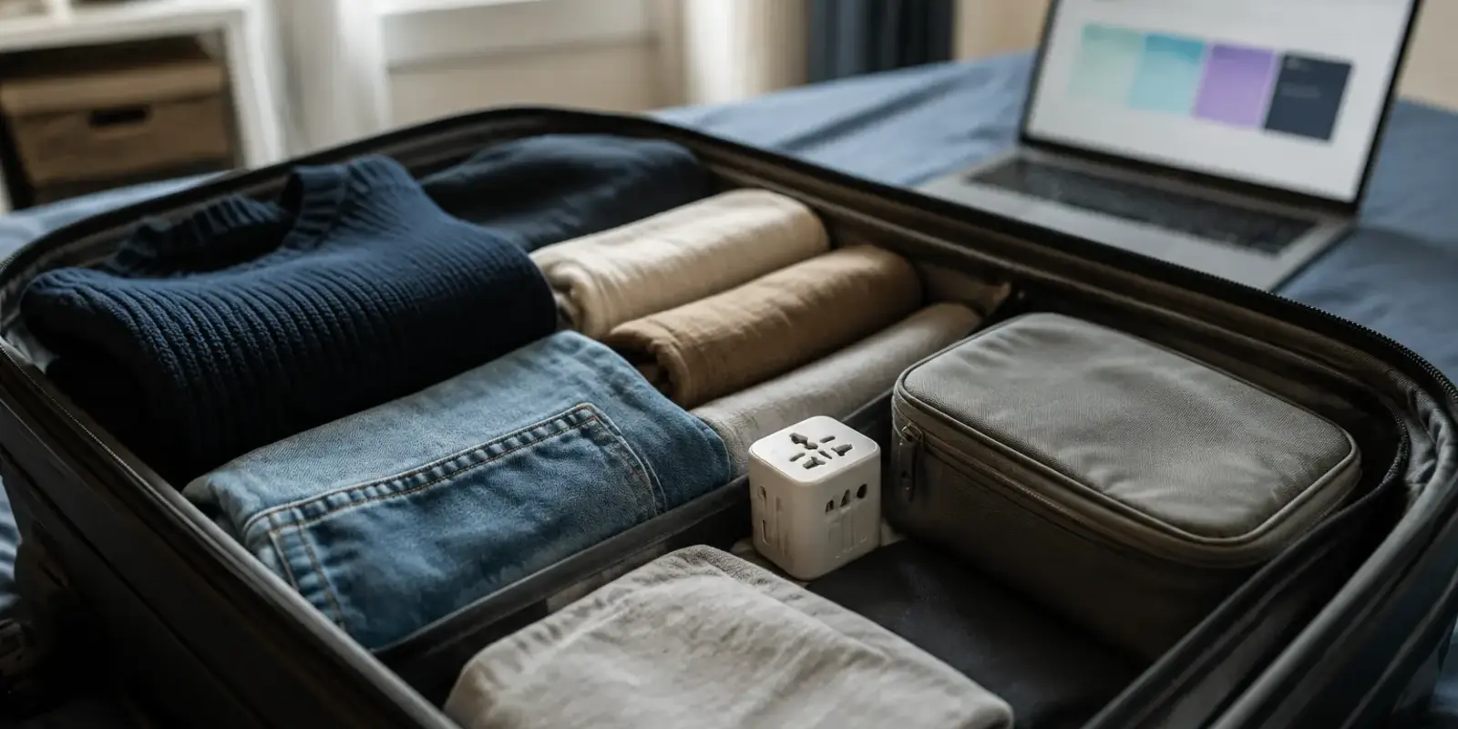 Maleta abierta para un viaje corto a China, con una comparación de planes VPN desenfocada al fondo