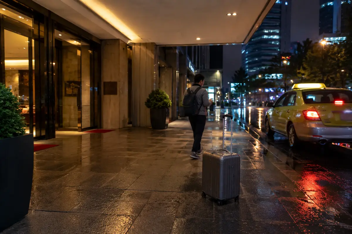 Viajero recién llegado a Shanghái que consulta el móvil junto a su maleta bajo la entrada de un hotel