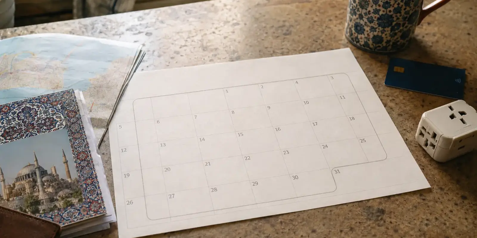 Calendario mensual con treinta días marcados junto a una tarjeta, un itinerario de Turquía y un adaptador de viaje.